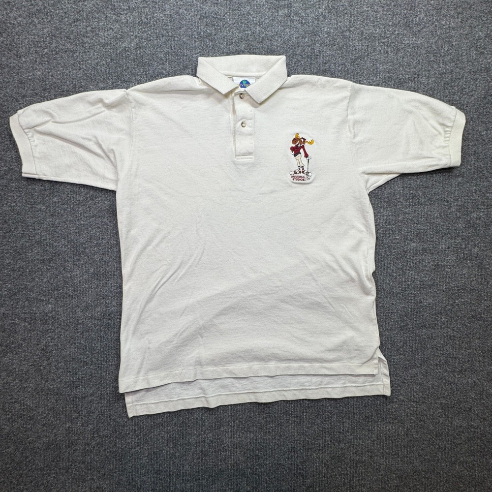 Vintage Universal Studios Moose Skiing Polo Polo Shirt Mens L White Casual Wear